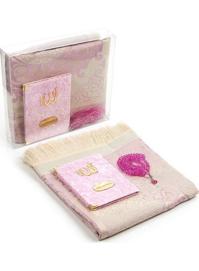 Ihvan Special Velvet Covered Book of Yasin - Bag Size - With Personalized Plate - Prayer Mat - With Prayer Beads - Boxed - Pink Color - Image 1